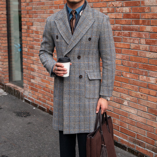 Gray Checkered Wool Double Breasted Peak Lapel Over-Coat