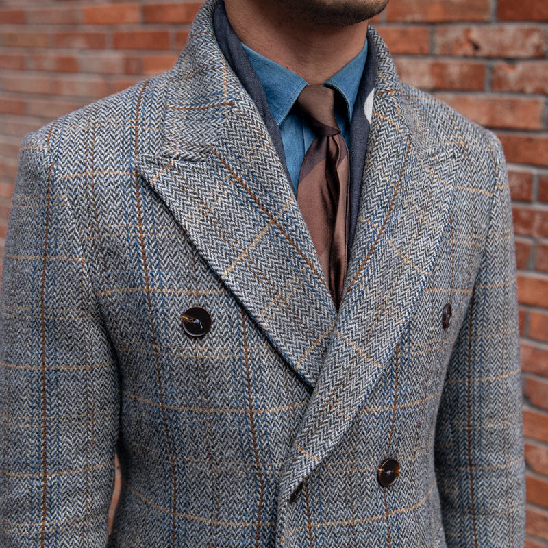 Gray Checkered Wool Double Breasted Peak Lapel Over-Coat