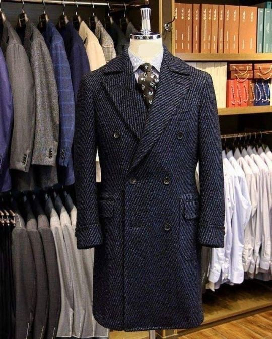 Double Breasted Tweed Peak Lapel Herringbone Over-Coat