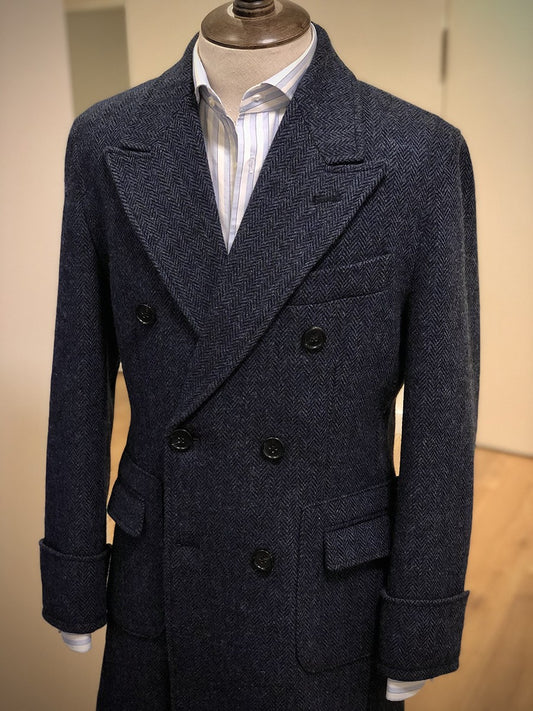 Double Breasted Tweed Peak Lapel Herringbone Over-Coat