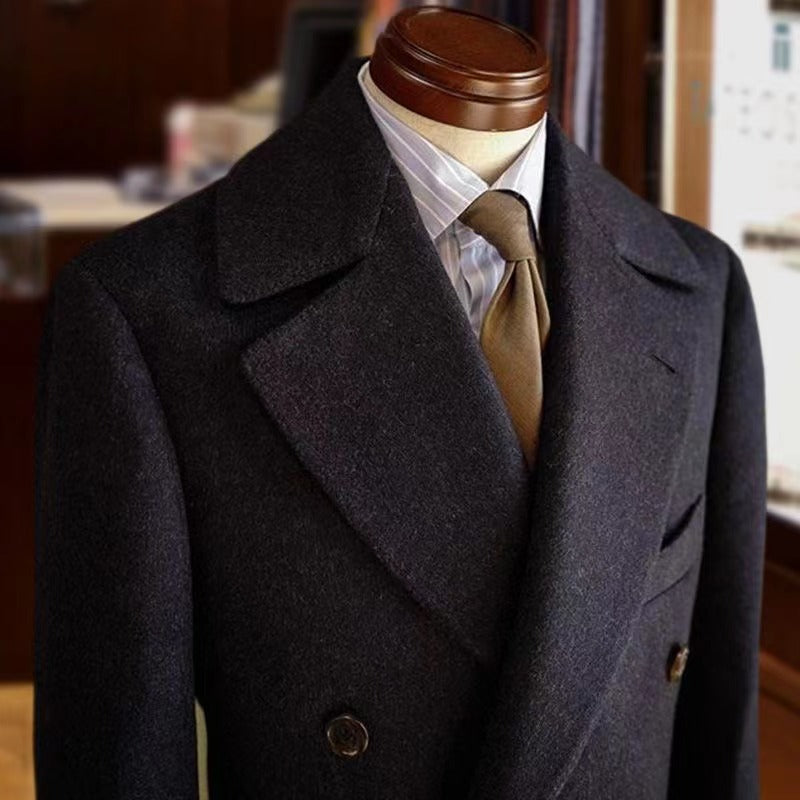 Wool Double Breasted Over-Coat with Peak Lapels