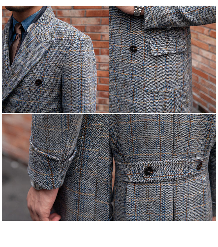 Gray Checkered Wool Double Breasted Peak Lapel Over-Coat