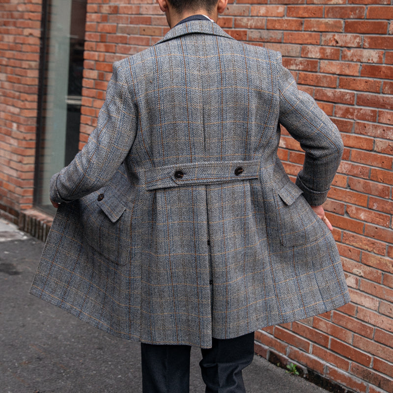 Gray Checkered Wool Double Breasted Peak Lapel Over-Coat